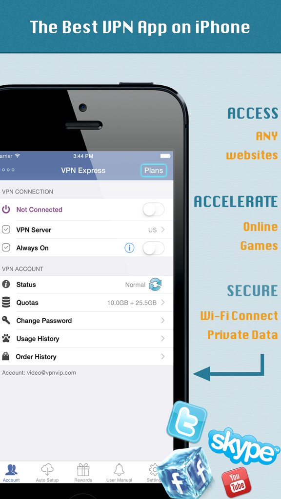 Interface de l'application VPN Express sur iPhone présentant des fonctionnalités d'accès aux sites web, d'accélération des jeux et de sécurité Wi-Fi.