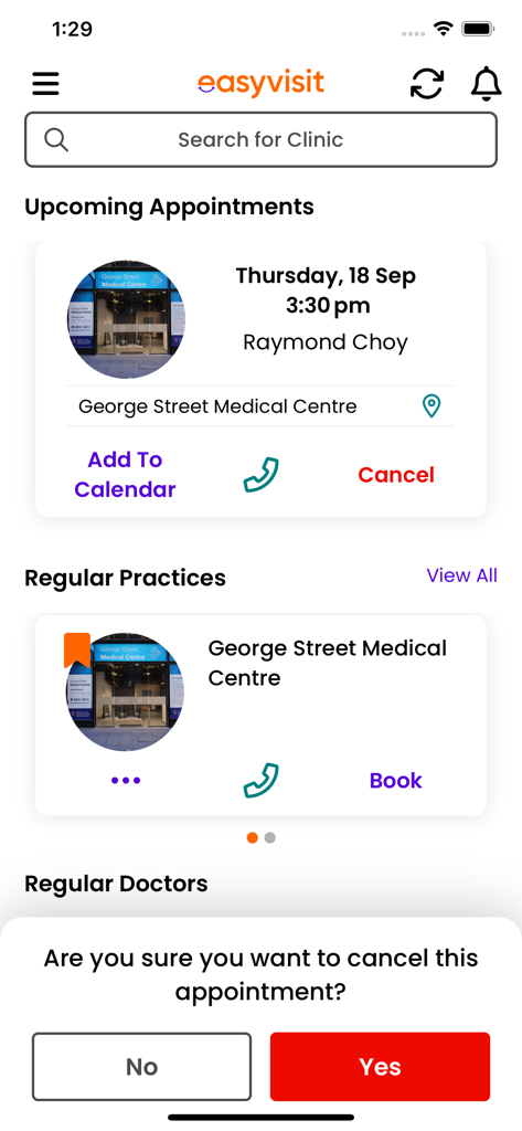 EasyVisit - Cancellation confirmation pop-up for a medical appointment in the EasyVisit app