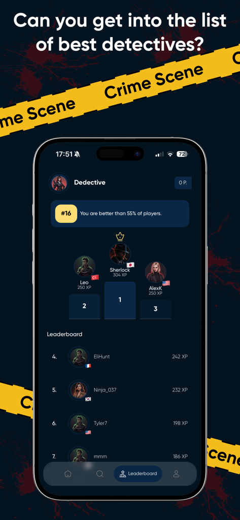 What Happened? Be a detective! - 연단에서 글로벌 플레이어 순위를 보여주는 What Happened 탐정 앱의 순위표 화면