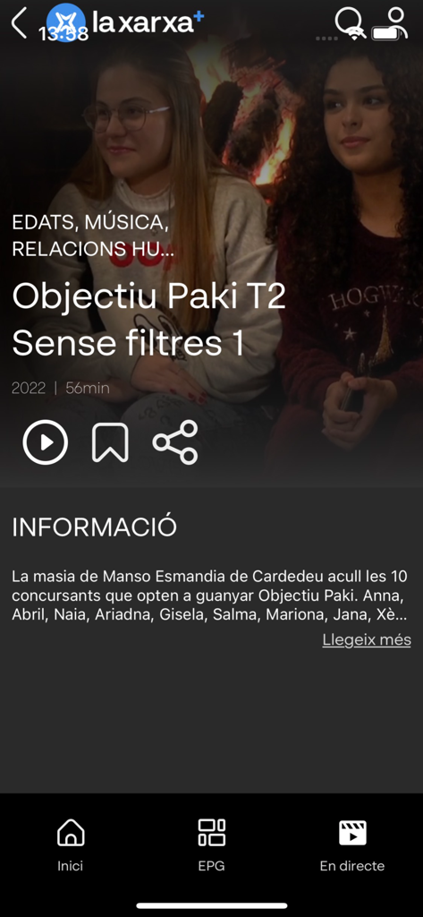 Interface do aplicativo La Xarxa plus mostrando informações detalhadas de um programa catalão