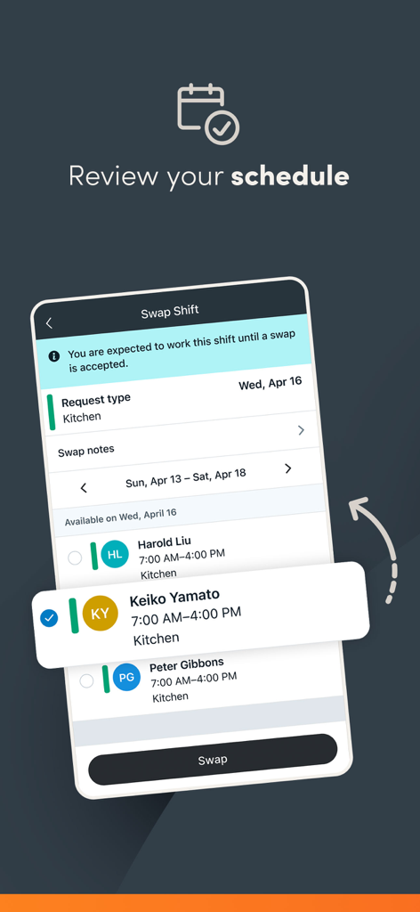 Paylocity - Paylocity mobile app screen showing the swap shift feature for employee schedule management