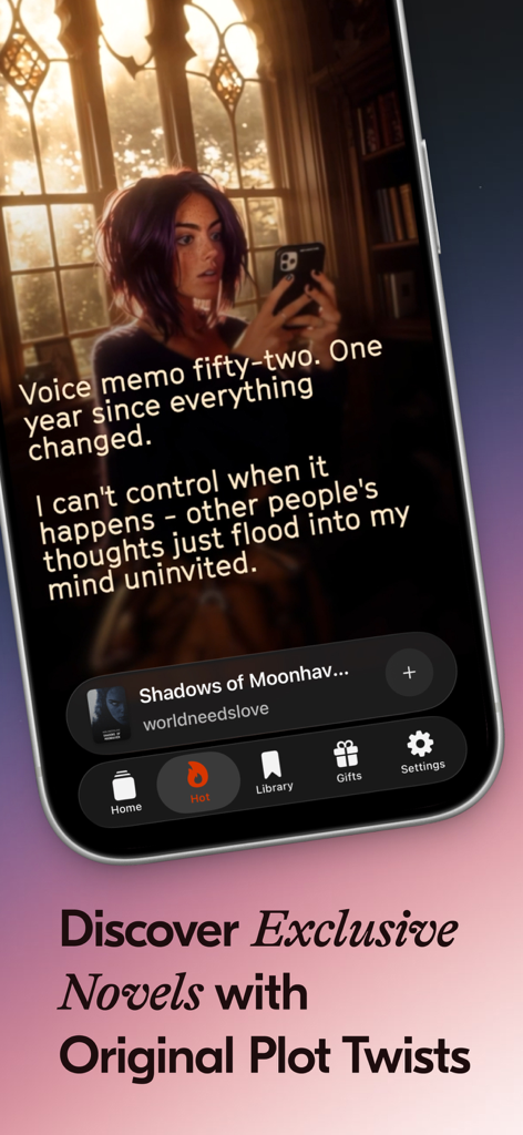 Novelia - Read Original Novels - Novelia mobile app reading interface showing an exclusive story with original plot twists