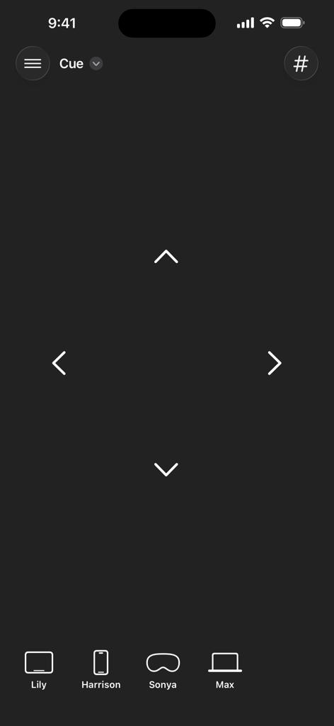 Interfaz de navegación de control remoto en forScore Cue que muestra flechas direccionales y dispositivos de músicos conectados