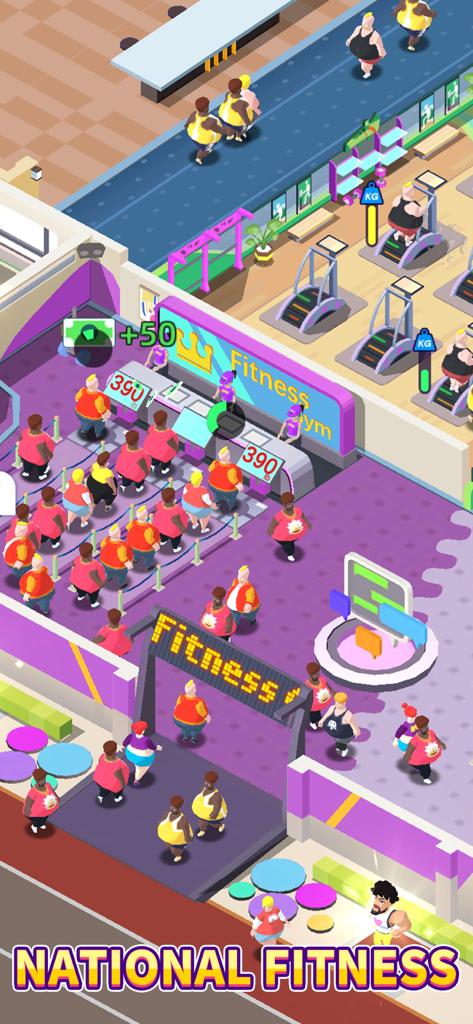 Gameplay screenshot of Fitness Club Tycoon showing a busy gym reception and workout area.