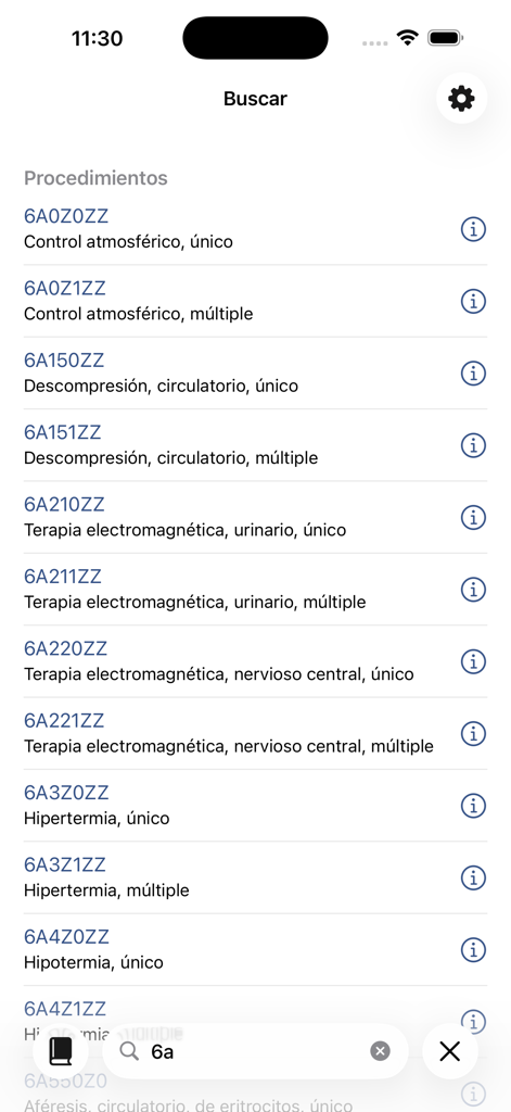 cie10-es - CIE-10-ES app screen displaying a searchable list of medical procedure codes in Spanish