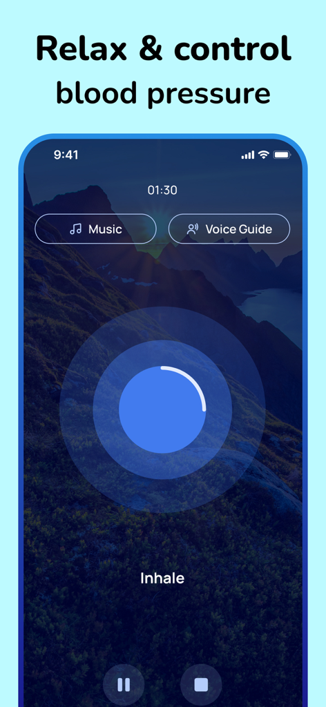 Blood Pressure Tracker + - Interfaz de la aplicación Heartly que muestra un ejercicio de respiración guiada para relajarse y controlar la presión arterial.