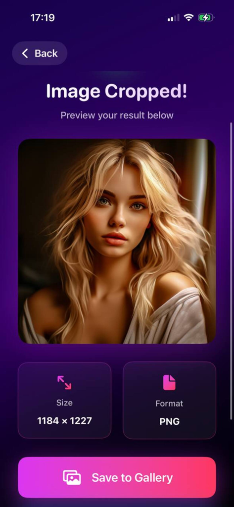 Crop Image - Your Photo Tool - Screen showing a cropped photo preview with size and format details