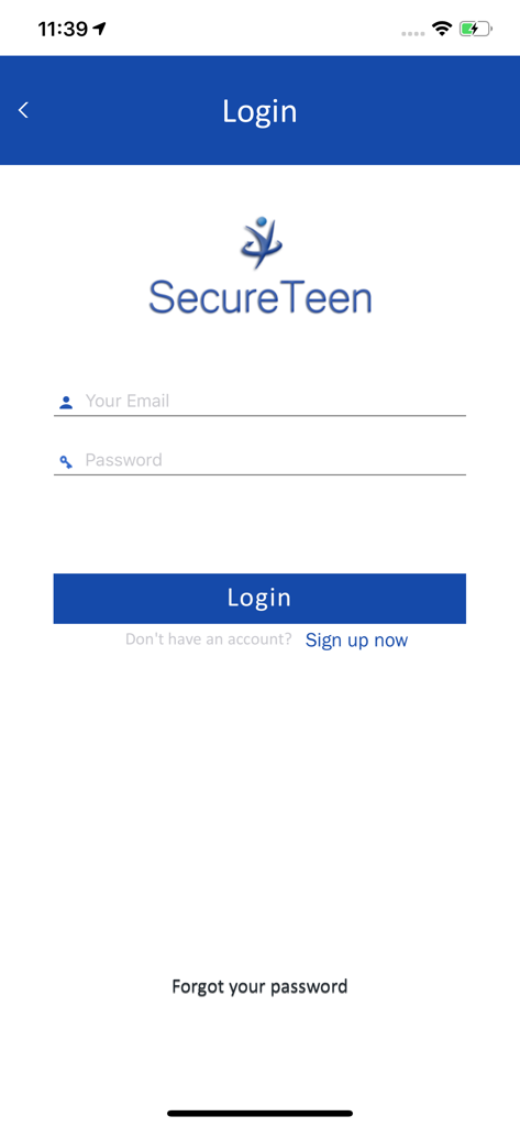 SecureTeen Parental Control - Login screen of the SecureTeen Parental Control app featuring email and password entry fields.