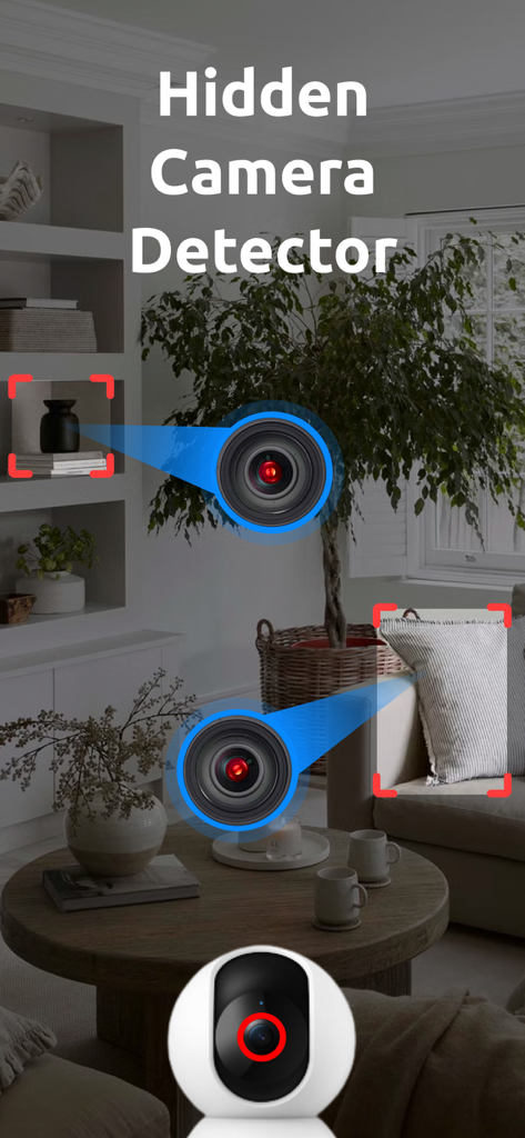 App interface showing a living room being scanned for hidden cameras with detection markers