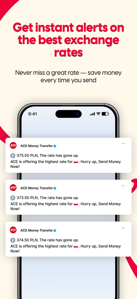Mobile phone screen showing push notifications for exchange rate alerts from the ACE Money Transfer app