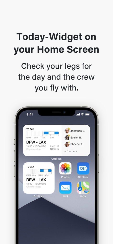 OffBlock - Widget de OffBlock en la pantalla de inicio de un iPhone que muestra los detalles del vuelo y la lista de tripulaciones