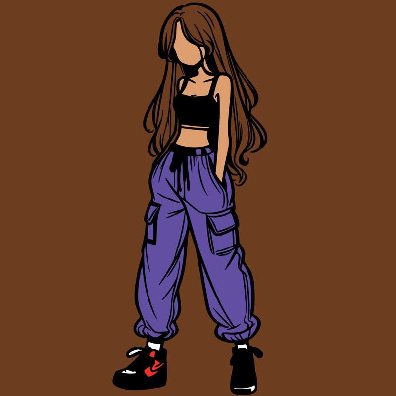 girl in baggy pants crop top and long hair