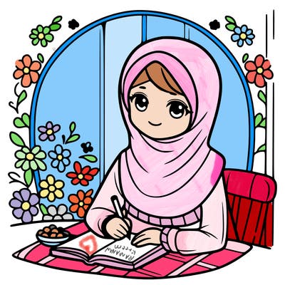 line art of one muslim girl  during ramadan  ,coloring page for kids ,all white ,kids coloring page , clean line art ,white background ,free lines