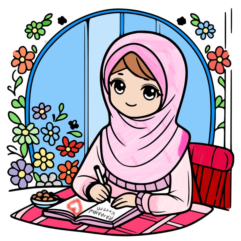 line art of one muslim girl  during ramadan  ,coloring page for kids ,all white ,kids coloring page , clean line art ,white background ,free lines