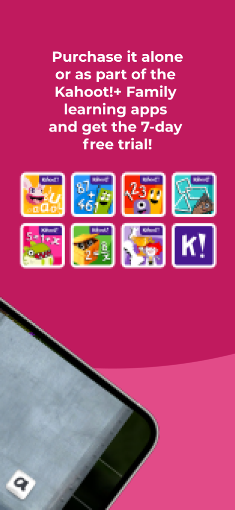 Pantalla promocional de Kahoot Algebra by DragonBox que muestra la suscripción a las aplicaciones de aprendizaje Kahoot Family y la oferta de prueba gratuita.