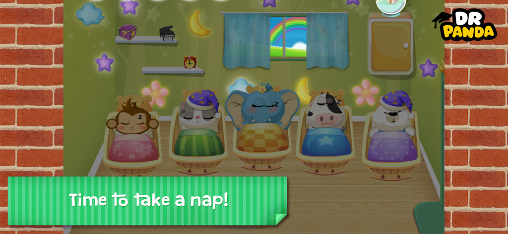 Dr. Panda Daycare - Cinco animales bebés durmiendo en cunas durante la siesta en la aplicación Dr. Panda Guardería
