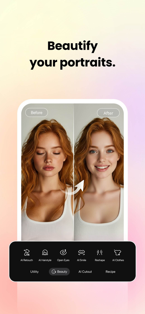 Before and after portrait comparison showing AI beauty retouching in Fotor