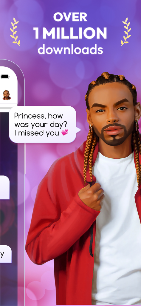 Un écran promotionnel pour My Virtual Boyfriend Talk présentant un personnage charismatique et un message de chat disant 'Princesse, comment s'est passée ta journée ?'