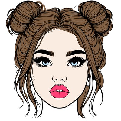 realistic girl with two buns on her hair and lips