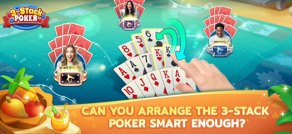 Ein Spieler ordnet Spielkarten in drei Stapeln im 3-Stack Poker Spiel an