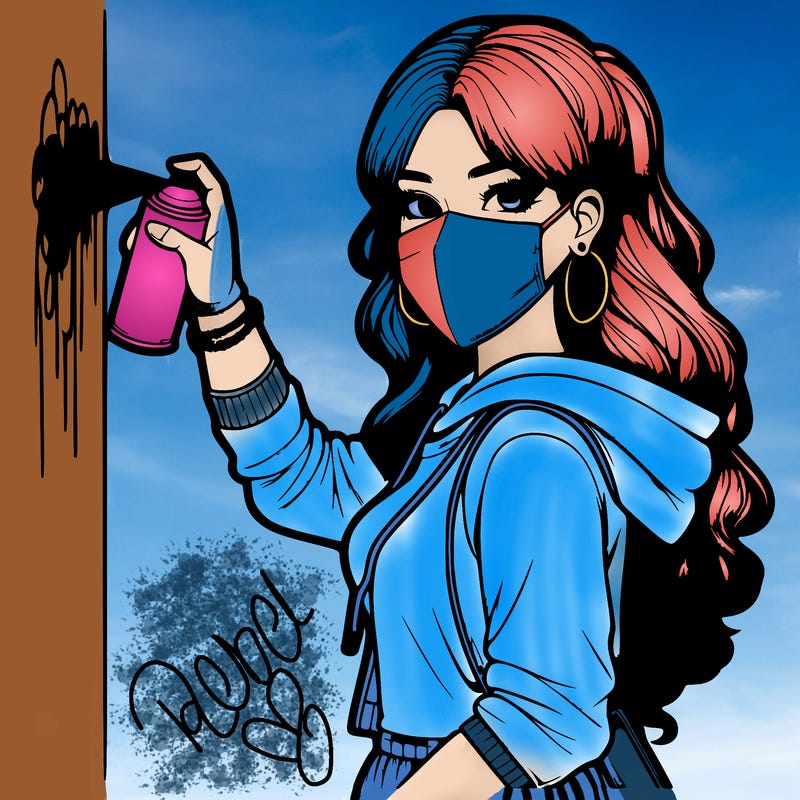 realistic girl with mask spray painting a wall