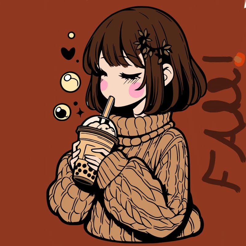 manga girl drinking boba in cozy sweater