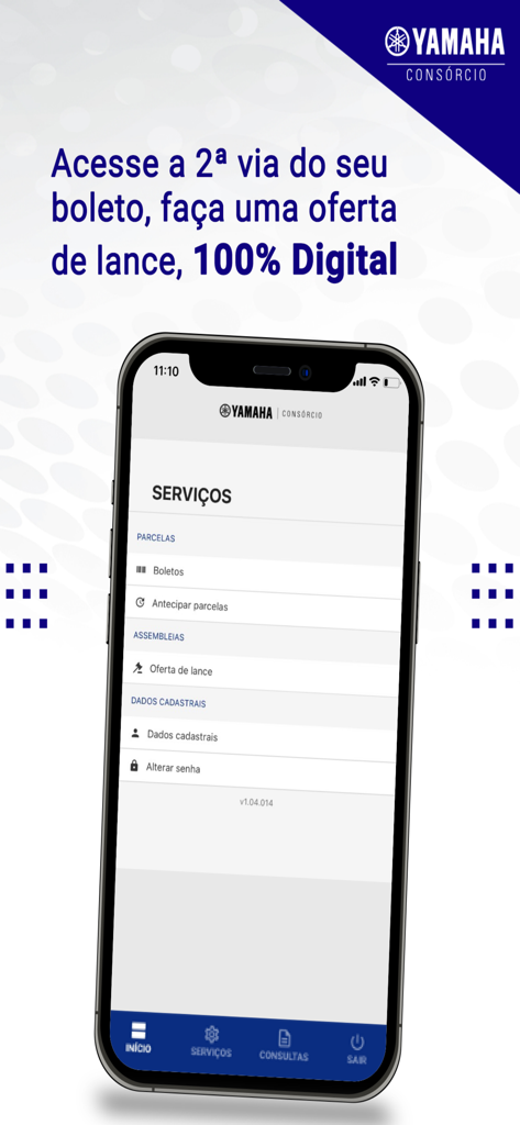 Yamaha Consorcio Online app services screen showing options for payment slips and bidding