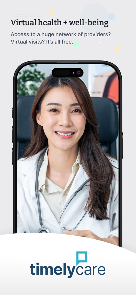 A smartphone screen showing a virtual health visit with a smiling doctor on the TimelyCare app.