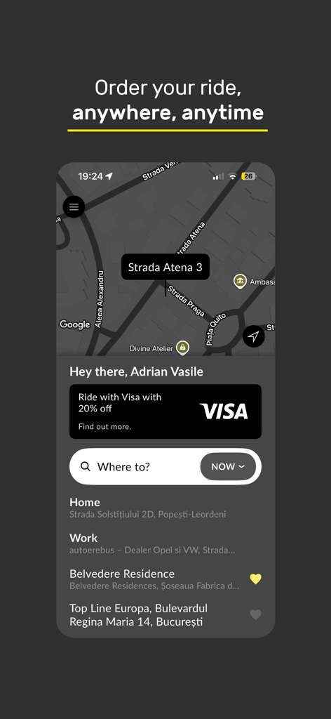 BlackCab - BlackCab mobile app screen for ordering a ride in Bucharest with map and saved locations