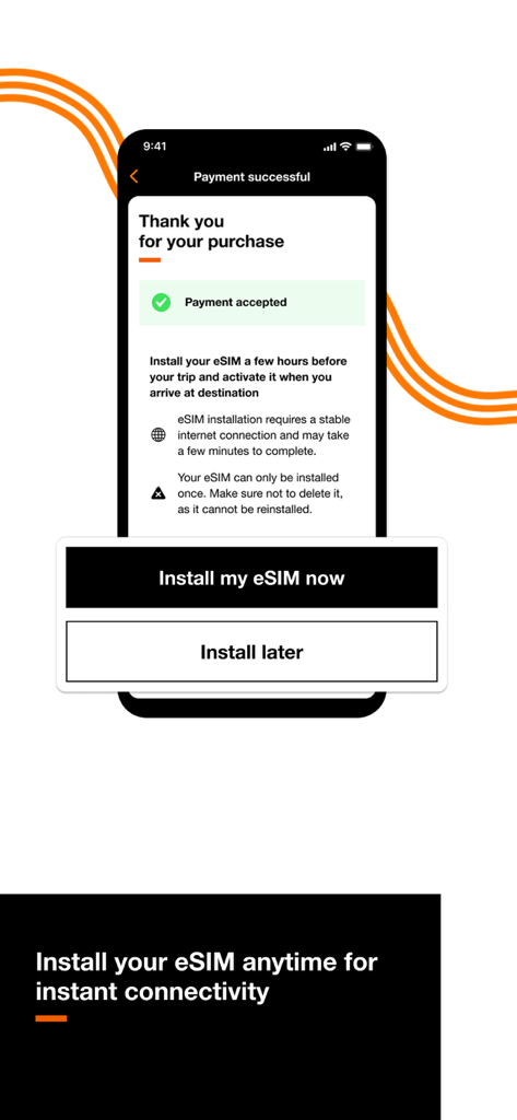 Orange Travel: Prepaid eSIM - Orange Travel app screen showing successful payment and options to install the eSIM.