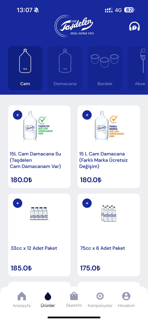 Vakıf Taşdelen Su - Abone Ol - Schermata del catalogo prodotti dell'app di consegna acqua Vakif Tasdelen che mostra varie dimensioni di taniche e bottiglie d'acqua con prezzi.