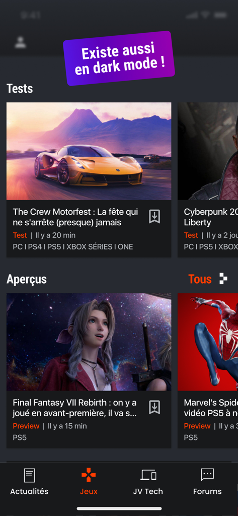 Interfaccia dell'app mobile Jeuxvideo.com in modalità scura che mostra test e anteprime di giochi.