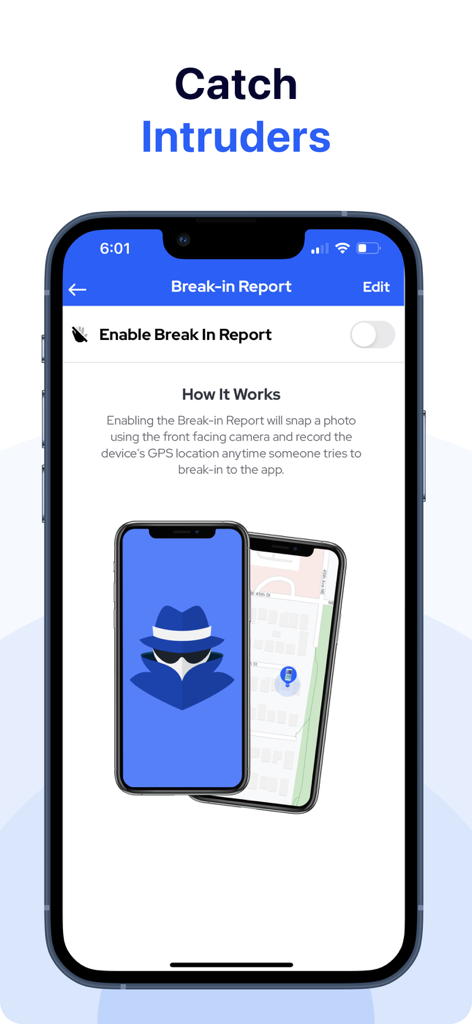 Interface of Private Photo Vault app showing the break in report feature which captures intruder photos and GPS location