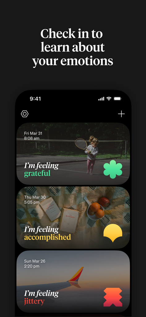 How We Feel - A mobile app interface displaying a journal of emotional check-ins with labels like grateful, accomplished, and jittery.