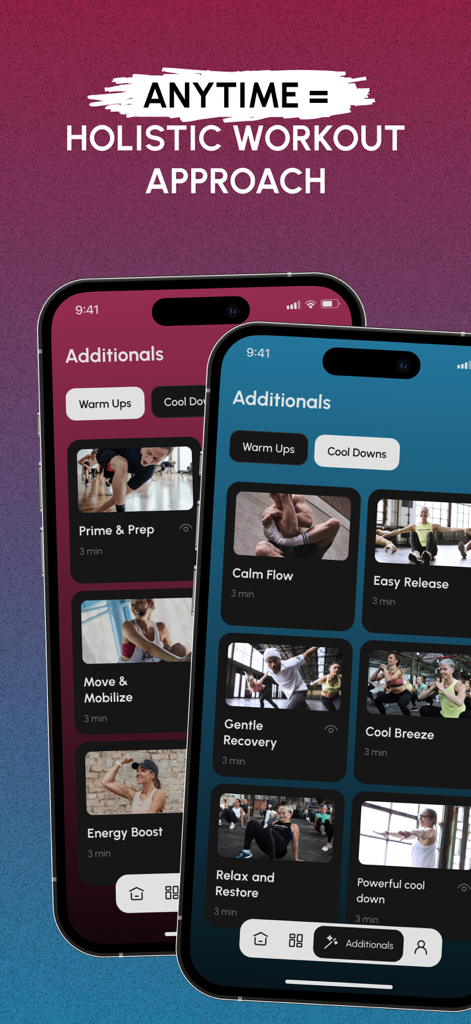 HIIT the Beat - HIIT the Beat app interface showing warm up and cool down exercises for a holistic workout approach.