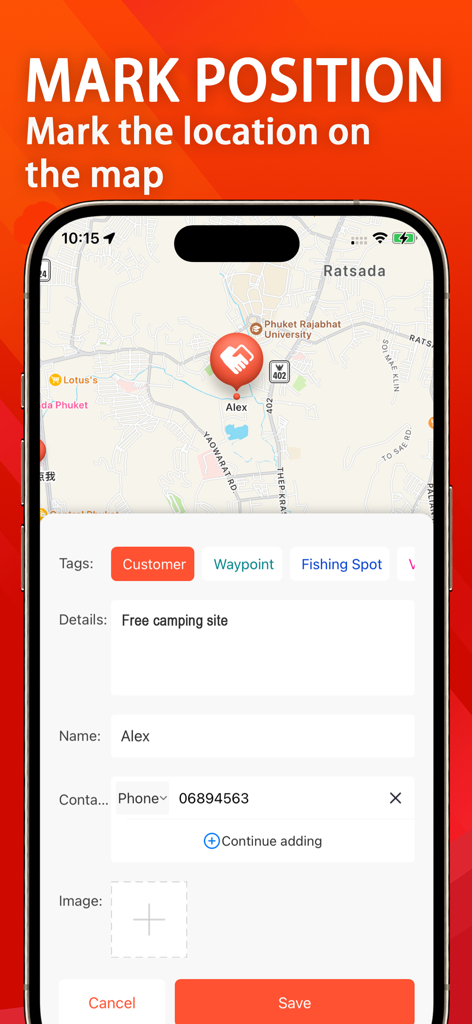 Map Marker：Pin, Track&Discover - Mobile App-Oberfläche zum Markieren eines bestimmten Standorts auf einer Karte mit Tags und Kontaktdaten
