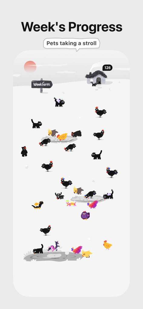 ChickFocus app weekly progress screen showing a virtual farm with cute cartoon animals representing completed productivity sessions.