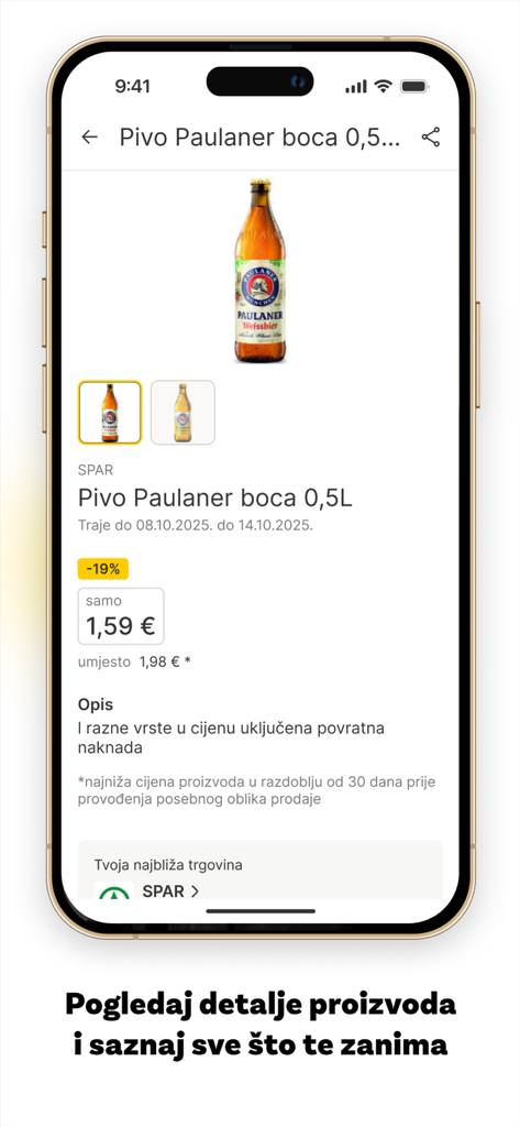 Una pantalla de smartphone mostrando información detallada del producto y un precio con descuento en la aplicación de compras Njuskalo Katalozi