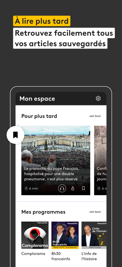 Captura de pantalla de la aplicación franceinfo que muestra la sección de espacio personal con artículos guardados para más tarde y podcasts suscritos