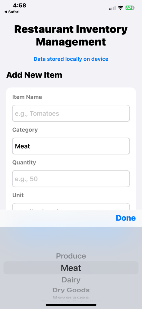 Restaurant Inventory Mgmt. - Interfaz para añadir un nuevo artículo de inventario en la aplicación Gestión de Inventario de Restaurante con selección de categoría.