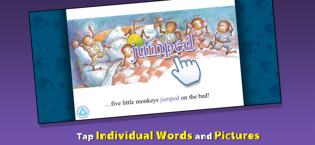 Una captura de pantalla de la aplicación 5 Monkeys Jumping on the Bed mostrando cinco monos en una cama con un icono de mano tocando la palabra 'saltó'.