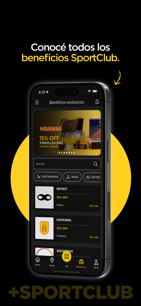 SportClub - SportClub app screen showing exclusive member benefits and discounts at various partner brands
