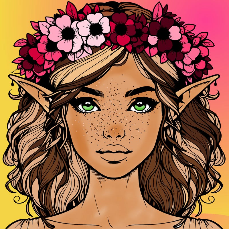 realistic female elf with flower crown