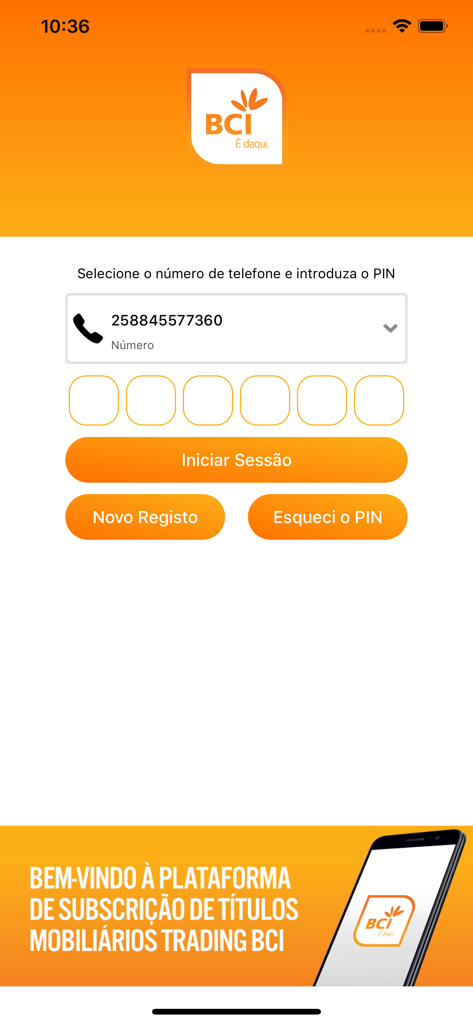 BCI Trading - BCI Trading app login screen with phone number and PIN fields for the Mozambique Stock Exchange