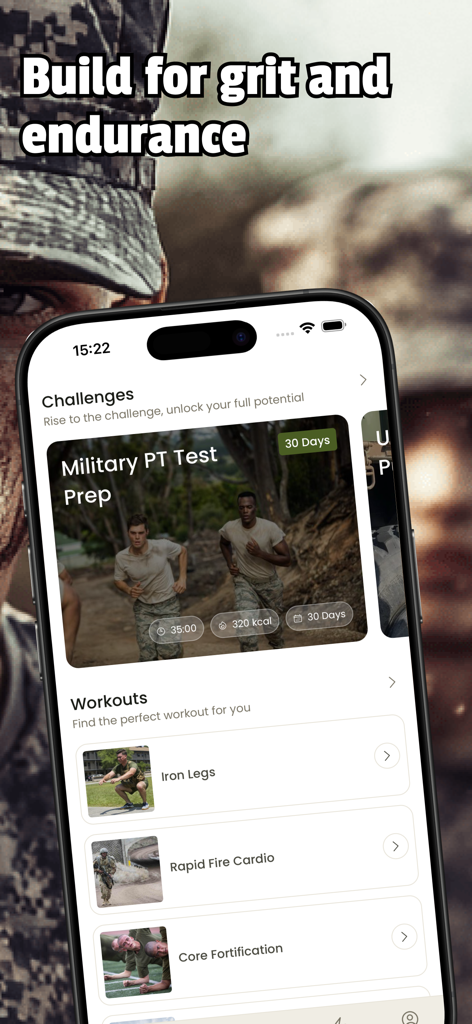 Military Fitness: Army Workout - Interfaz de la aplicación Fitness Militar que muestra preparación para pruebas físicas del ejército y entrenamientos de fuerza funcional