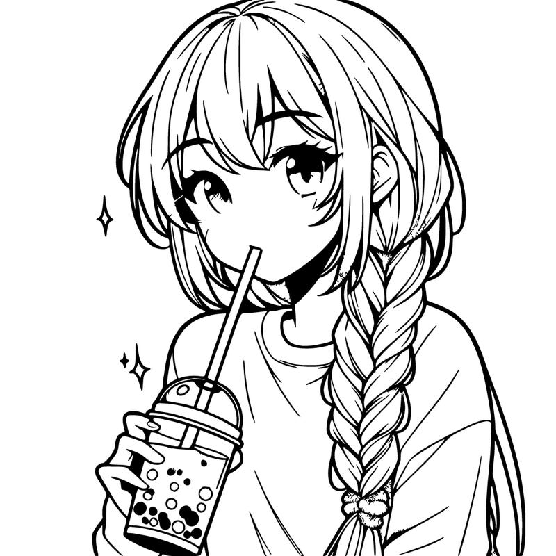 manga teenage girl with very long braided hair drinking boba