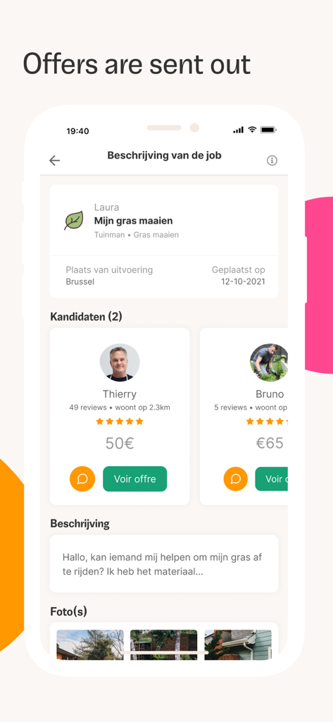 Ring Twice - Ring Twice app interface showing candidate profiles and price offers for a lawn mowing job.