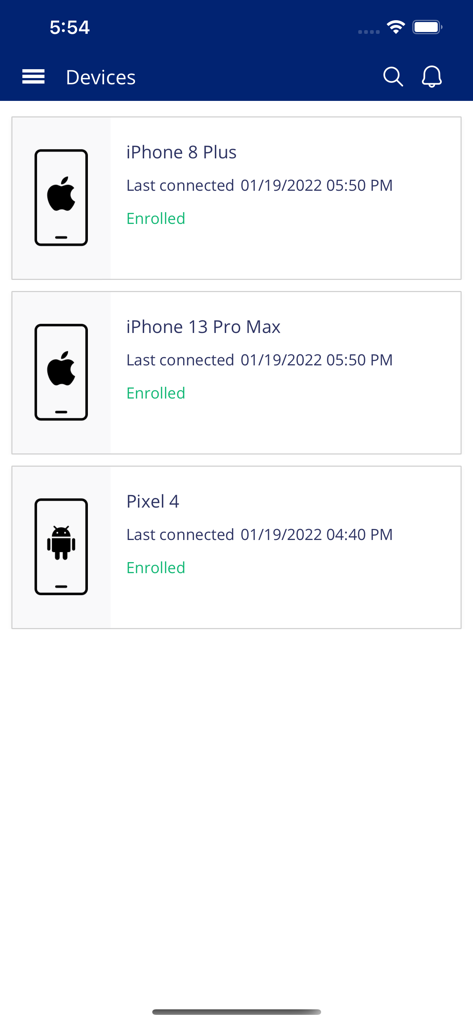 CyberArk Identity - CyberArk Identity app screen displaying a list of enrolled mobile devices including iPhones and an Android phone