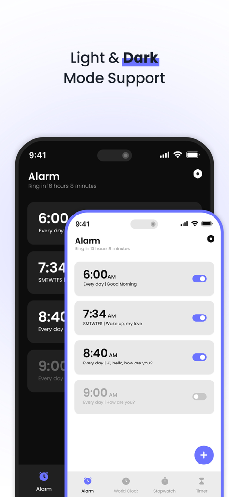 Clock : Alarm Clock & Timer - Alarm clock and timer app showing light and dark mode interface options.