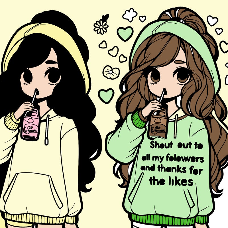 cute girl wearing a oversized hoodie drinking lemonade, long wavy high ponytail looking at a sign that says 'shout out to all my followers and thanks for the likes'